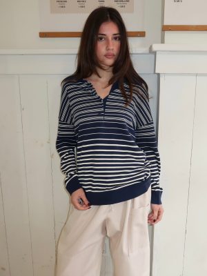 Harlow Oversized Polo in Scandi Stripe Navy Cream